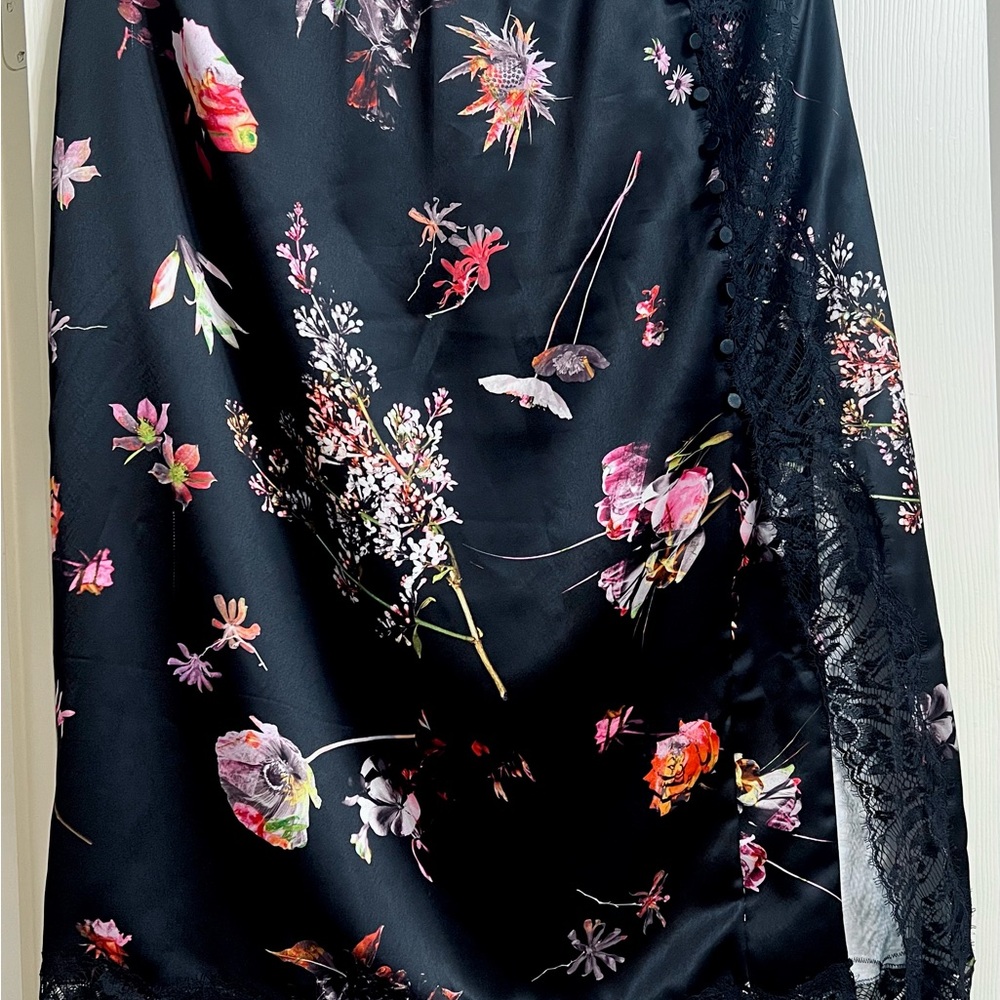 Victoria's Secret Chic Satin + Lace Skirt — Black with Floral Design